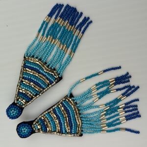 ANTHROPOLOGIE Beaded Dangle Earrings Blue Silver 4" long